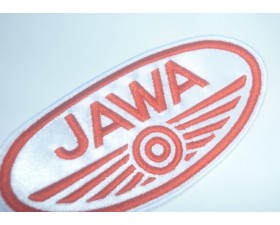 NÁŠIVKA - JAWA - (100X52MM) -  (ČERVENÝ ZNAK NA BÍLÉM PODKLADU)